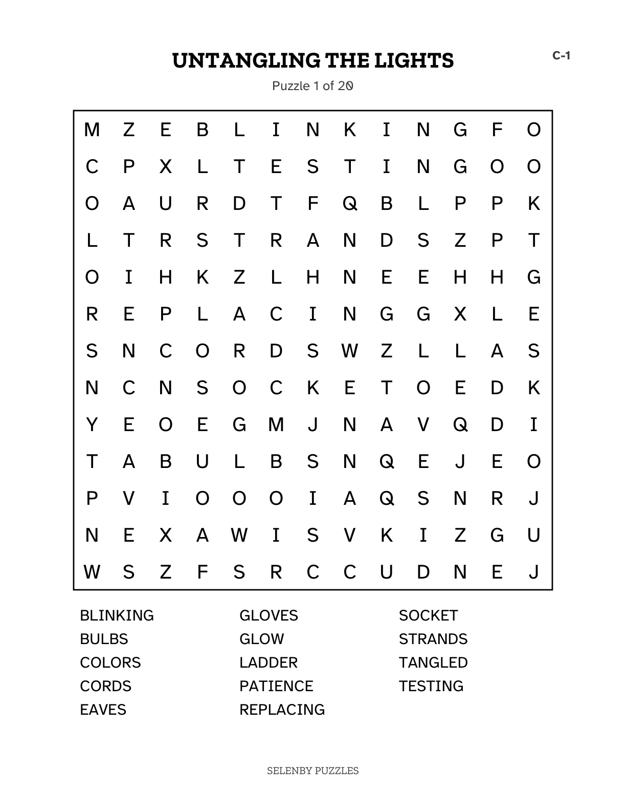 A large print Christmas word search, Untangling the Lights, with the word list below the grid.